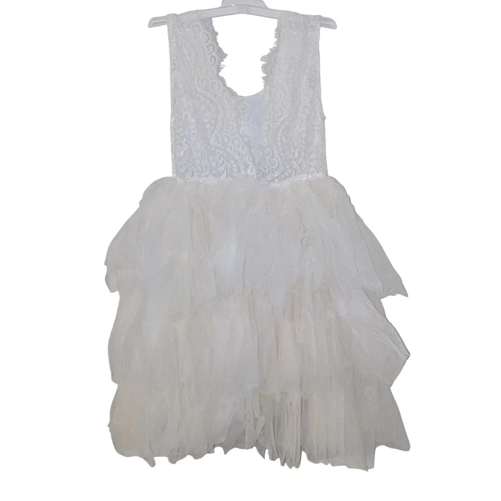 Think Pink Boutique Girls Ivory Lace Tulle Tiered‎ Flower Girl Dress Size 8 NWT